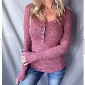 Womens Basic Button Front Long Sleeve Soft Hacci Knit Stretch Henley Sweater Top